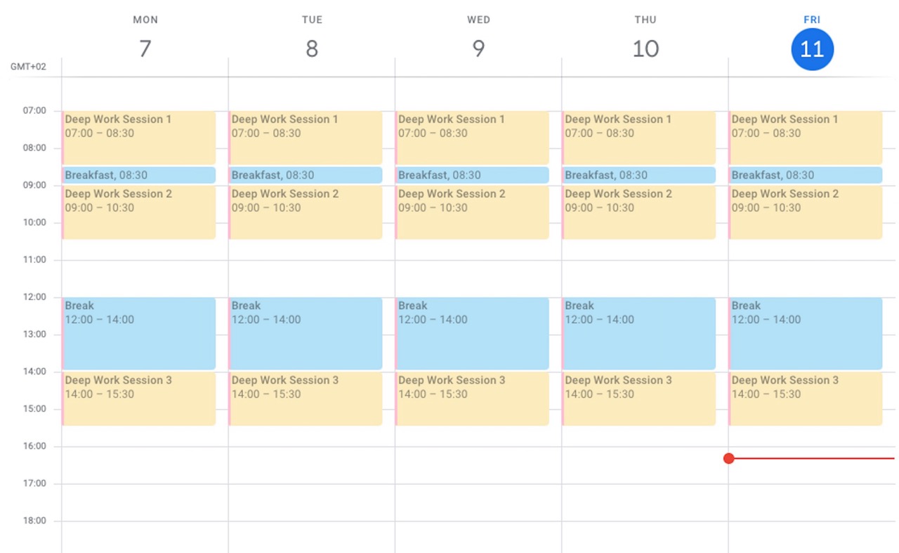 My week on Google Calendar with deep work sessions